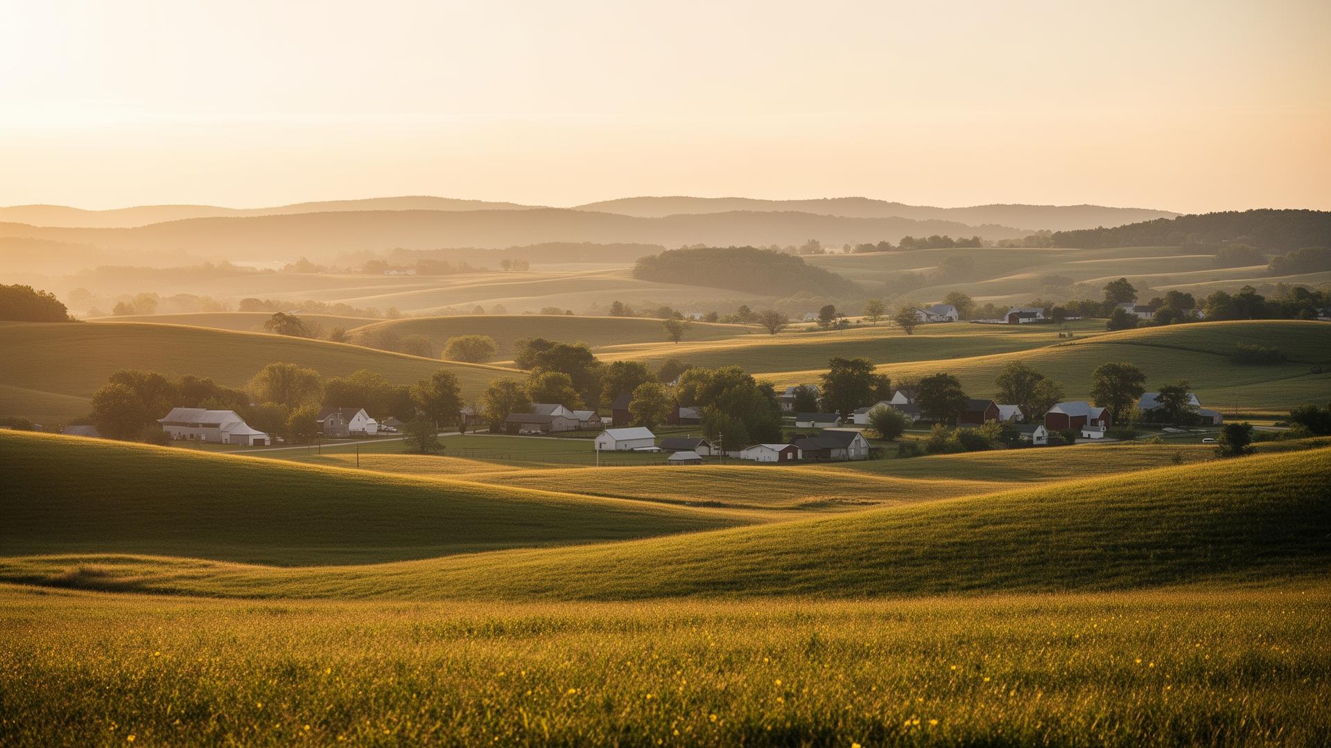 Rural countryside community at sunrise